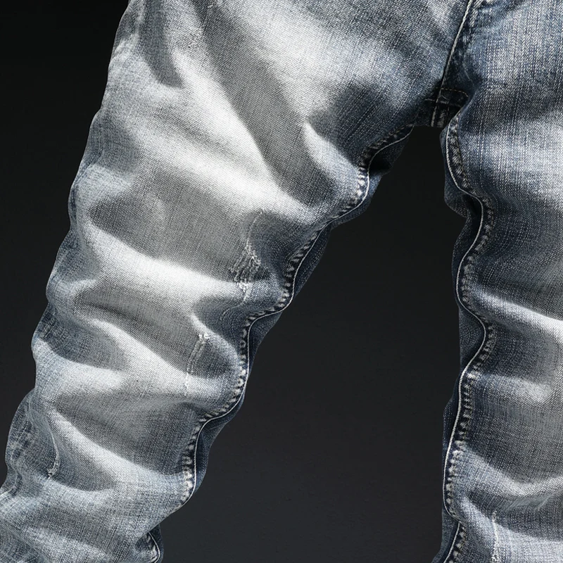 European Vintage Fashion Men Jeans Retro Light Gray Blue Elastic Slim Fit Ripped Jeans Men Korean Designer Casual Denim Pants