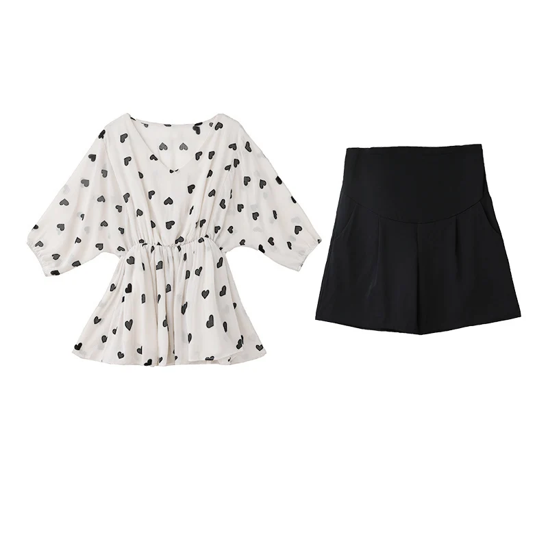 

811# 2021 Summer Chic Ins Polka Dot Printed Maternity Blouses Belly Black Shorts Clothes for Pregnant Women Fashion Pregnancy