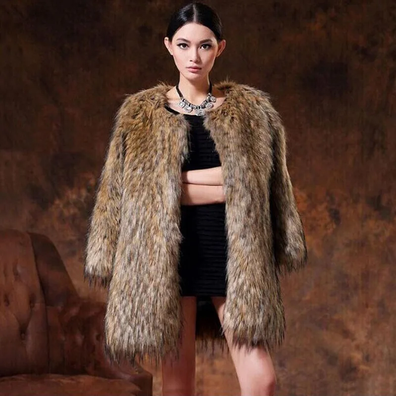 

Autumn winter new imitation fox fur coat ladies mid-length imitation raccoon round neck nine-point sleeves slim slimming B302