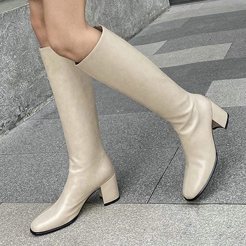 

Genuine Leather knee High Boots Women Winter Warm Party Basic Shoes Woman Riding Boots square Toe High heels ladies Boots