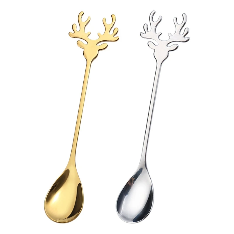 

QXNA Stainless Steel Cartoon Christmas Elk Spoon Cute Deer Head Mini Ice Cream Spoons