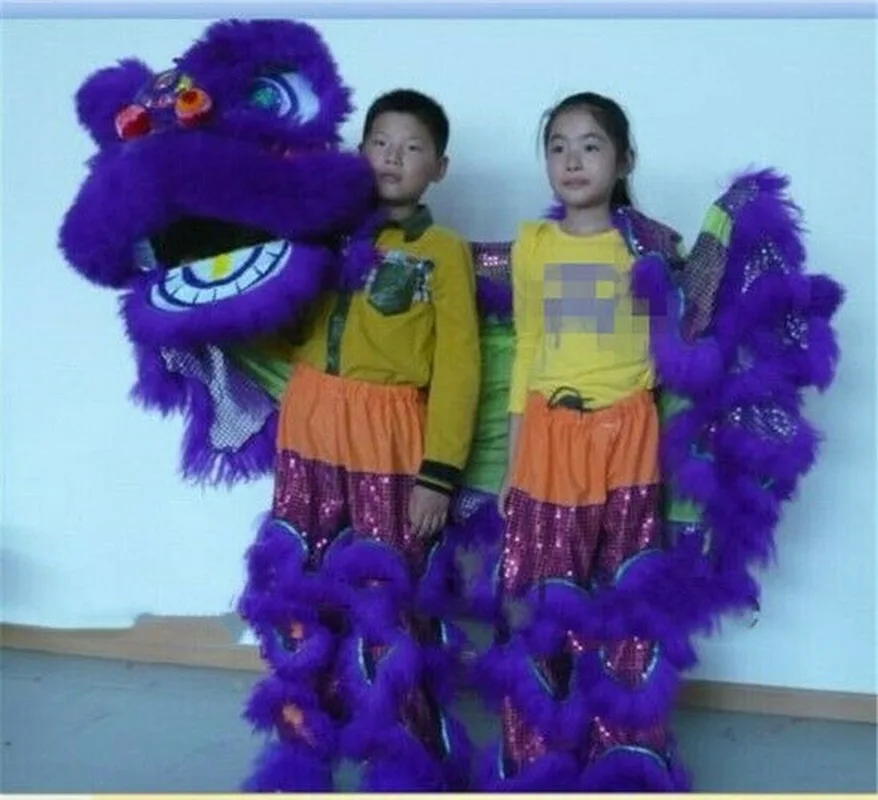 Фиолетовый Pur Лев танцевальный костюм талисмана чистая шерсть Южная двое детей