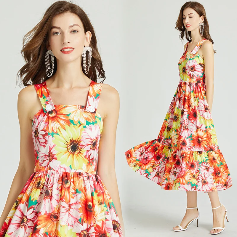 

Fashion Runway Summer Dress Floral Print Elegant Empire Spaghetti Straps Sunflower Sundress A Line Midi Long Dresses Women