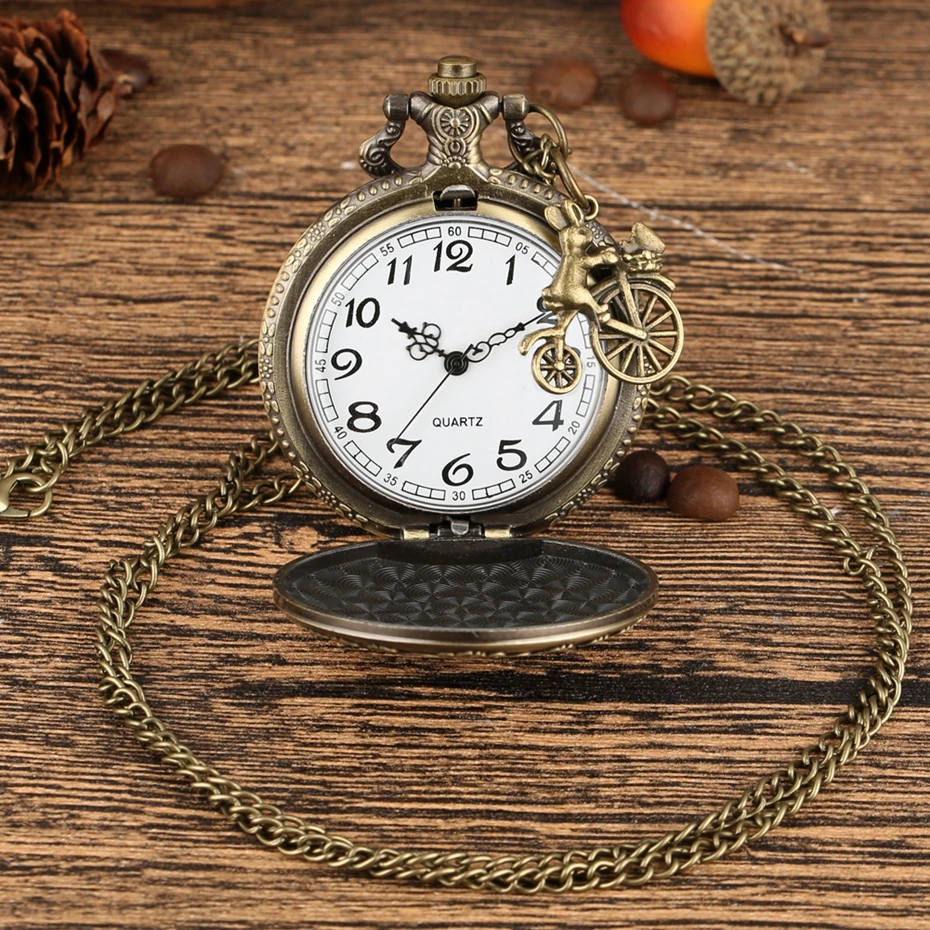 

Retro Bronze Dream Alice in Wonderland Rabbit Poker Carousel Accessory Quartz Pocket Watch Chain Necklace Pendant for Girl Women