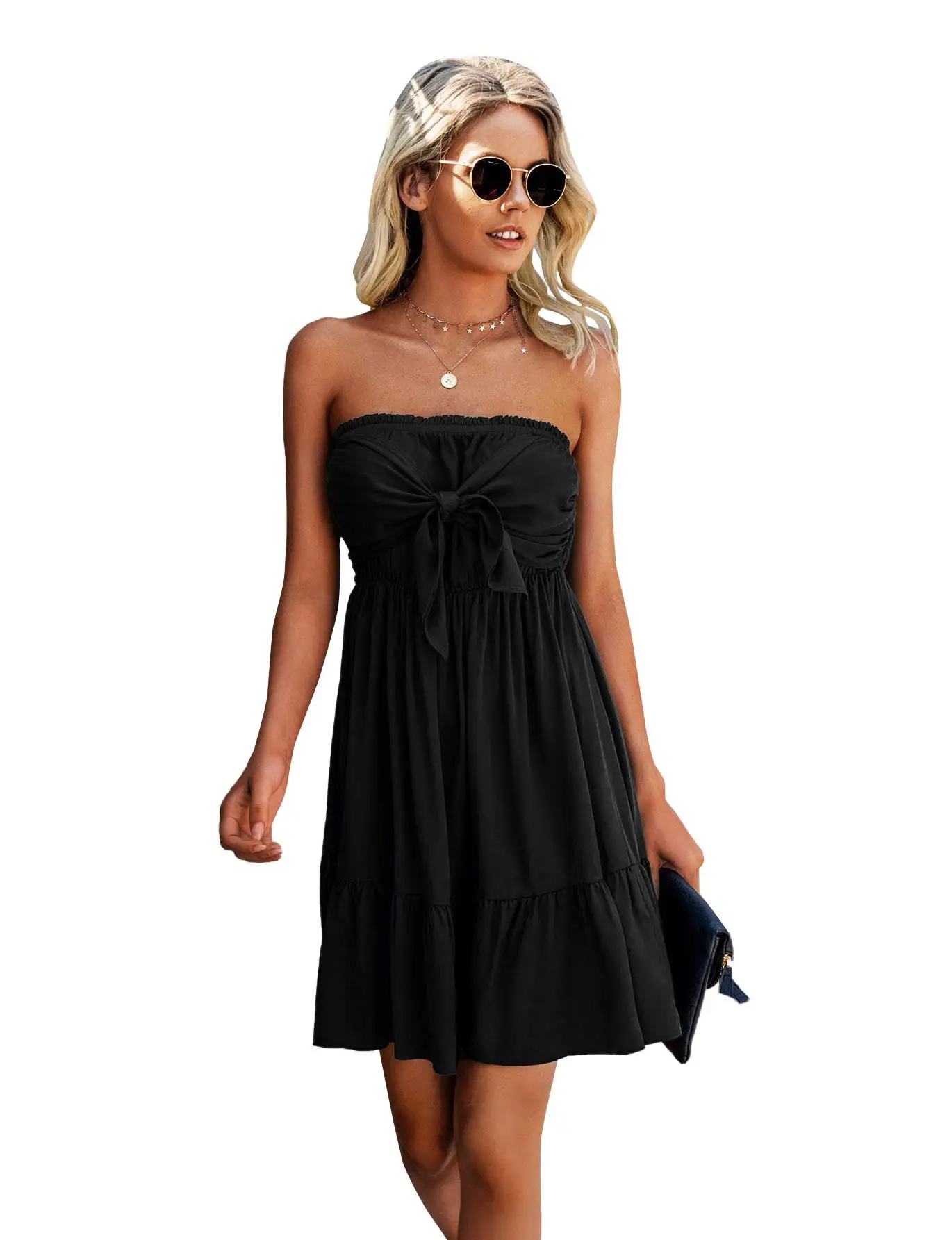 

Women's Summer Strapless Tie Front Ruffle A Line Mini Tube Top Dress