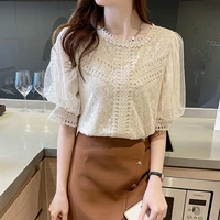 o necklace chiffon womens shirt summer new 2021 short sleeve loose blouse 2021 elegant sweet crochet lace hollow floral tops