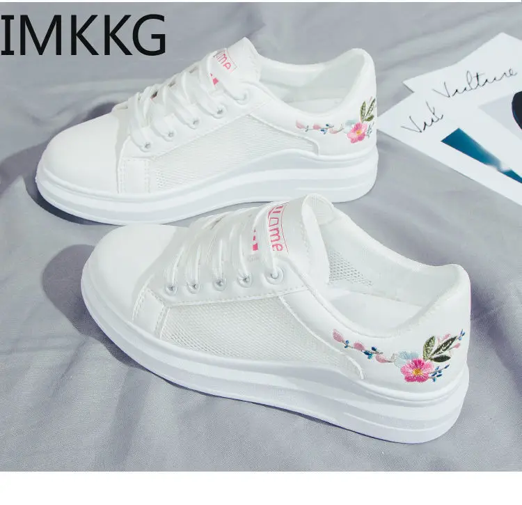 HOT Women Sneakers 2020 Fashion Breathble Vulcanized Shoes Pu embroider Platform Lace up Casual White | Обувь