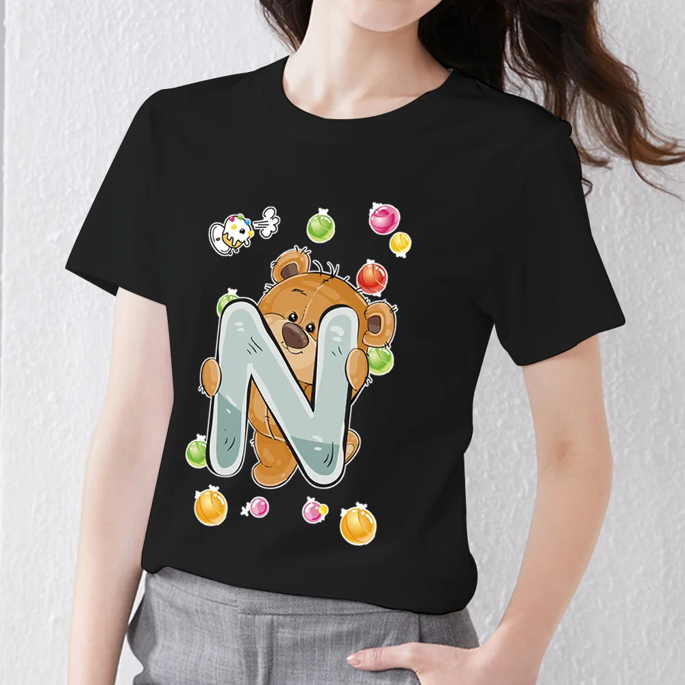 

Korean Style Casual T-shirt Women's Initial Name N Commuter Top Basic Sweet Wind Bear Print O-neck Black Short-sleeved Clothing