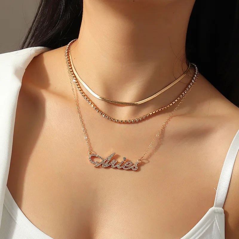 

2021 New Fashion Temperament Multilayer Necklace Personality Twelve Constellation English Letter Pendant Necklace Birthday Gift