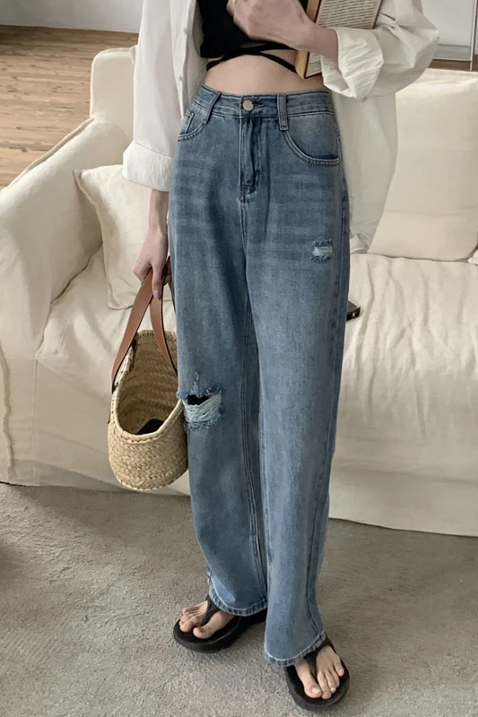 

Holed jeans summer 2021 New Retro High Waist slim Pants schoolgirl Ripped skinny Jeans for teen girls