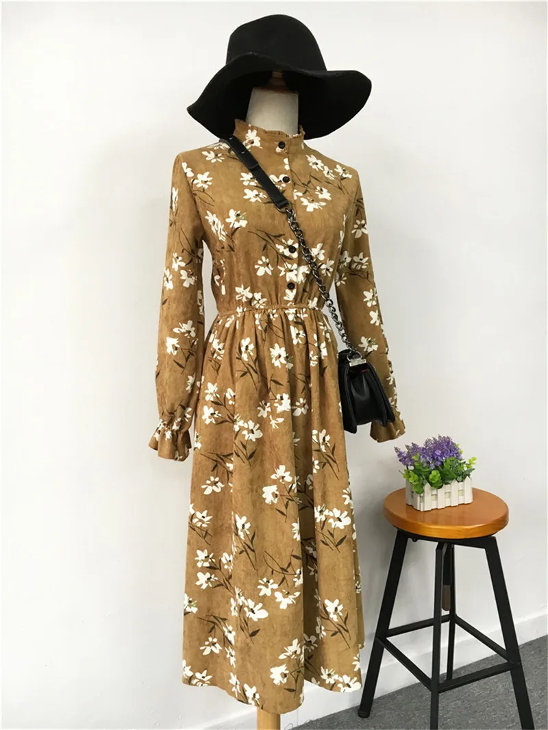 Женское элегантное вельветовое платье с цветочным принтом повседневное осеннее