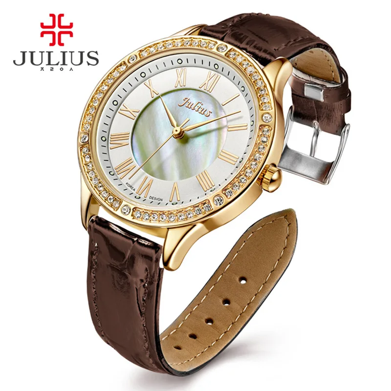 

JULIUS New Female Fashion Temperament Leather Belt With Simulated Quartz Round Watch Waterproof Ladies Hour Girl Clock JA-695