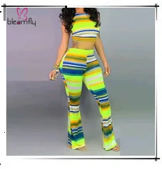 Boho полосатый Печатный комплект из двух частей для женщин с отложным воротником и коротким рукавом, укороченный топ с высокой талией, широкие брюки, повседневные Костюмы
