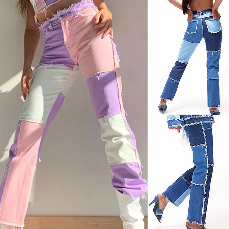 Джинсы женские прямые в стиле пэчворк с высокой талией и карманами|Прямые джинсы|