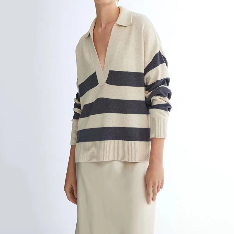 

Женский винтажный полосатый джемпер, повседневный трикотажный пуловер с лацканами и длинным рукавом, осень 2021