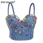 She'sModa джинсы стразы женские пуговицы бюстье бюстгальтер ночной клуб вечерние укороченный Топ жилет размера плюс