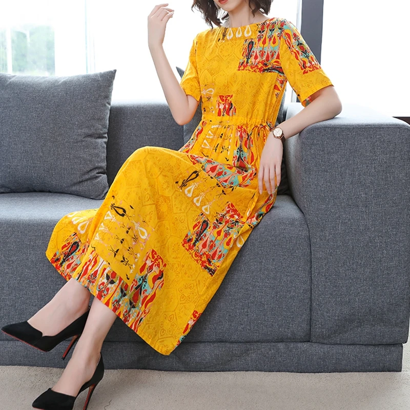 

Summer vintage loose cotton and linen dress women casual thin printed tunic dress ladies simple ethnic long maxi dress robe
