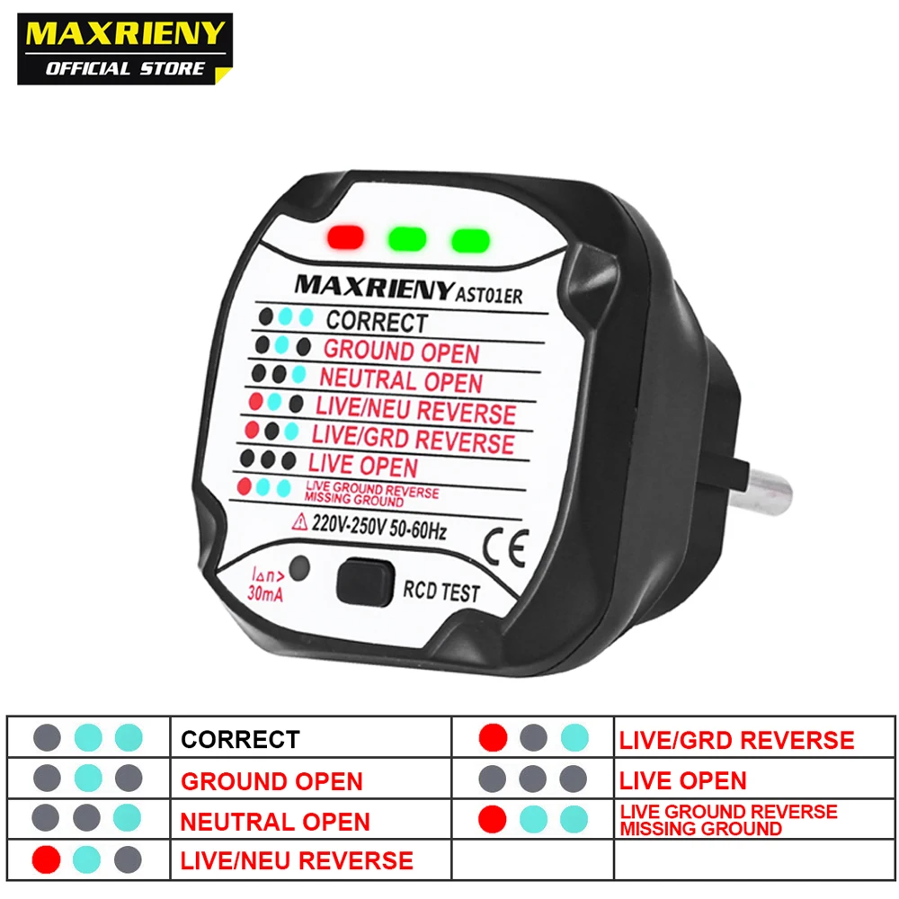 MAXRIENY Новый тестер розетки устройство для проверки параметров RCD GFCI тестовый