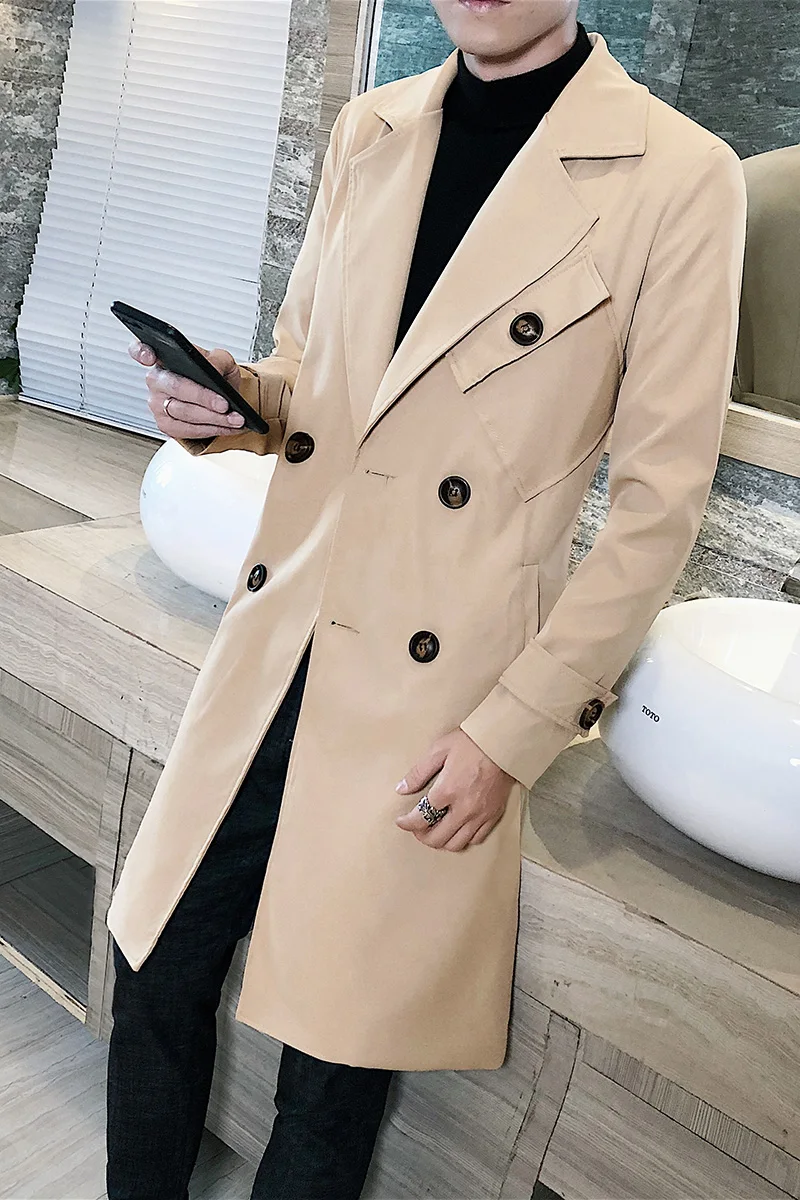 

Men Trenchcoat British Style Double Breasted Lapel Collar Long Slim Outwear New Men's Fashion Solid Business Casual Windbreaker