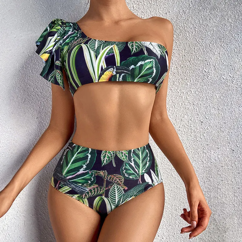 

women's swimwear 2021 Oblique Shoulder Irregular Printing High Waist Split One Shoulder Bikinis set Sexy Swimming Suit for Women