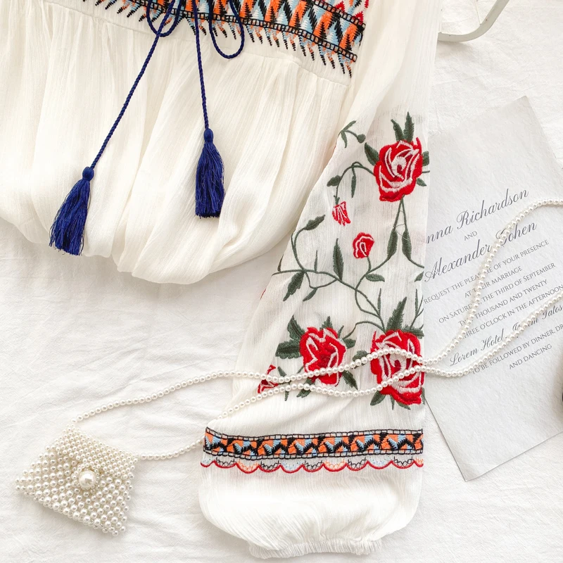 spring new 2021 ethnic style blouse beach wear vintage flower embroidery shirt female white lantern sleeve tops | Женская одежда