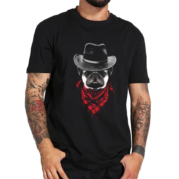 

cowboy pug Retro White T-shirt Tees Mens Cotton Adults short Sleeve T Shirt