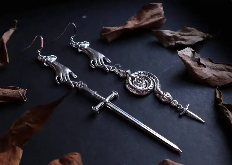 

The hand sword snake dangle earrings | Sword Earrings | Gothic Earrings | Unique Earrings | Victorian, tarot Earrings