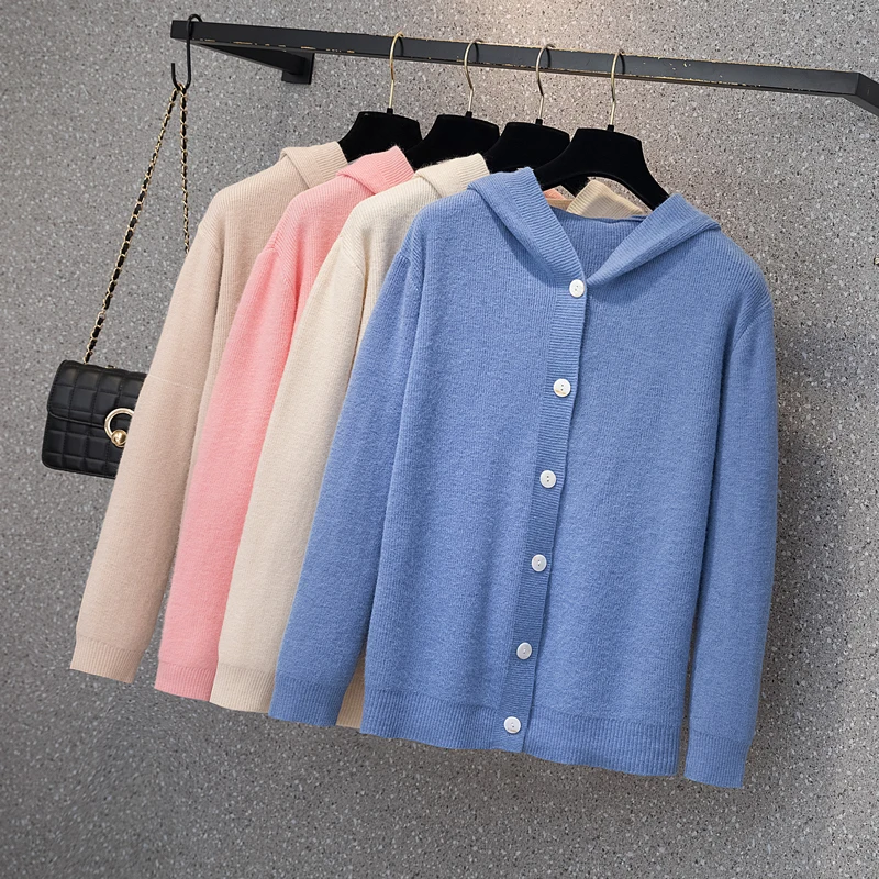 

Новинка 2021, Осенний корейский Свободный облегающий розовый кардиган с капюшоном большого размера d, свитеры для женщин, размеры 4xl