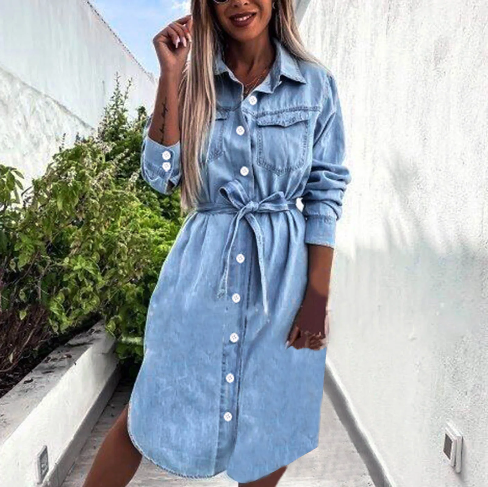 

Женское модное летнее платье 2021 Denimen с длинным рукавом, синее однотонное уличное свободное платье-блузка, женские платья, летние женские пла...