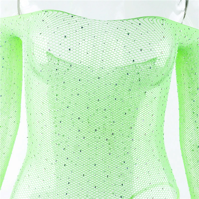 

Lady Glitter Rhinestones Slash Neck Sexy Bodysuit Fishing Net Mesh Transparent Full Sleeve Backless Slim Club Party Rompers