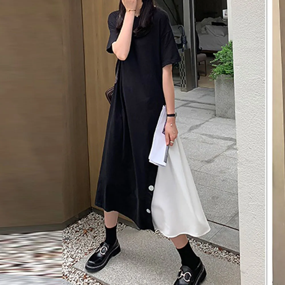 

Dress Mimore Length Round Neck Short Sleeve Switching Ladies Fashion Color Scheme A Line Wearing Side Docking Casual 2021 Dress