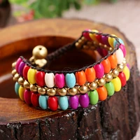 bohemia style creative turquoise copper beads thai wax rope hand woven double row women bracelets on hand chain bangles female