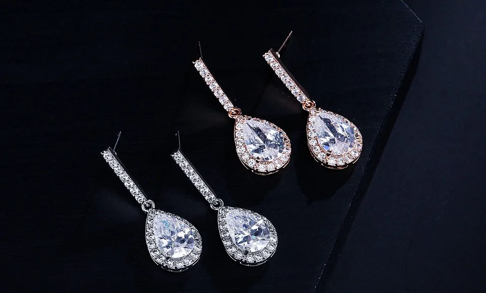 

S24 Rose Gold 925 Sterling Silver Water Drop 5A NSCD Stone Drop Earrings Center Stone 2carat Women Wedding Jewelry