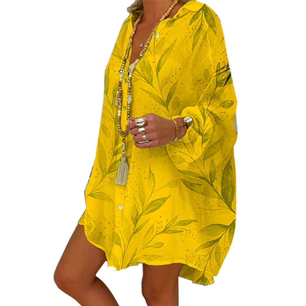 Женское пляжное платье-рубашка с принтом листьев и длинным рукавом | Женская