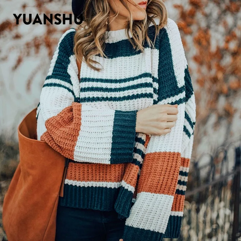 YUANSHU толстый полосатый свитер с длинным рукавом и круглым вырезом для женщин