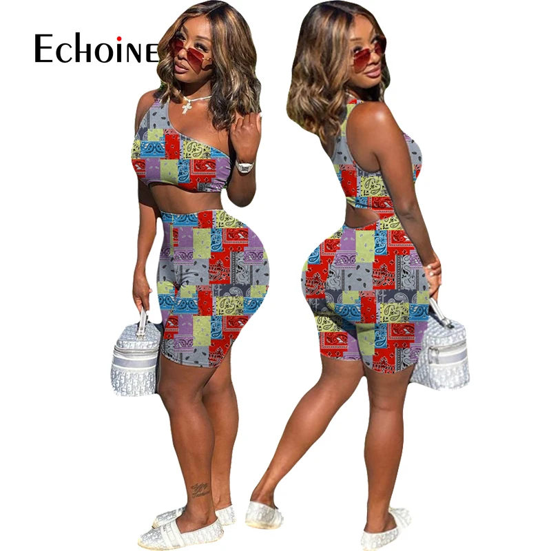 

Echoine Women Print One Shoulder Sleeveless Playsuit Skew Collar Hollow Out Elastic Bodycon Playsuit Tracksuit Summer Outfit