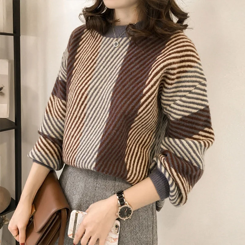 2019 Autumn winter clothes women Sweaters Geometric Stripe Pattern Long Sleeve Tops Lovely Pullovers Knitted Loose Sweater | Женская