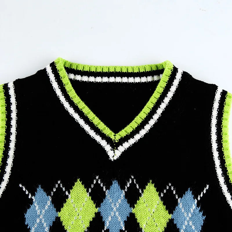 

Vintage Knitted Argyle Sweater Vest Autumn Fashion Sleeveless Plaid Y2k Sweater Tank Top Patchwork V Neck Preppy Style Crop Top