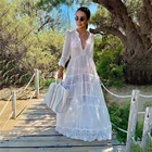 Белое шифоновое кружевное лоскутное длинное пляжное платье, прозрачное летнее пляжное платье, парео, Пляжное платье, накидка на бикини