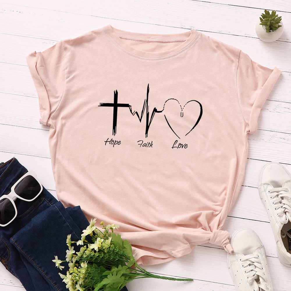 

Women Graphic Tees Female Oversized T Shirts Clothes Short Sleeve 100% Cotton Hope Faith Love Funny Tee Tops Plus Size Shirts
