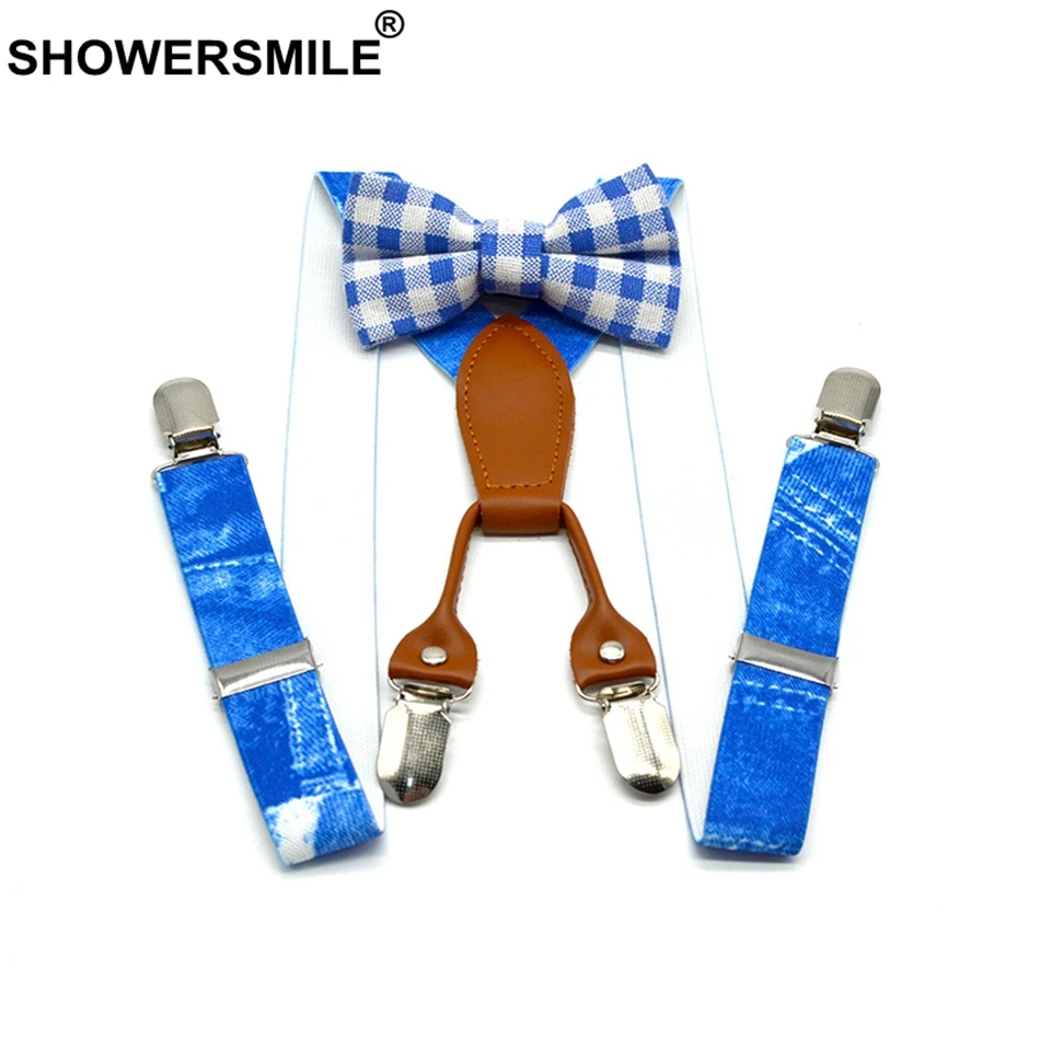 SHOWERSMILE Дизайнерские джинсовые синие подтяжки и галстук бабочка с рисунком
