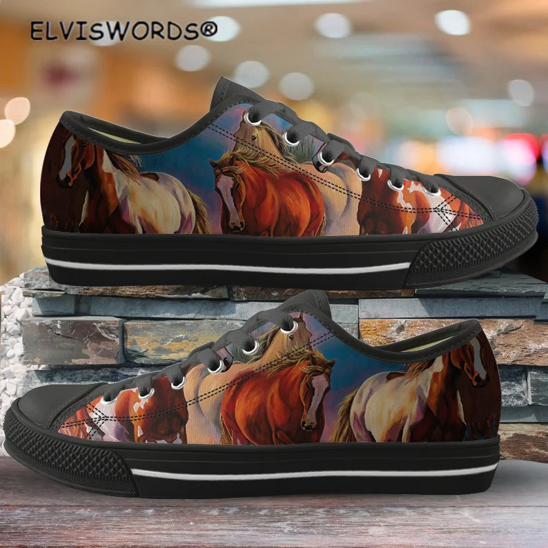 

ELVISWORDS Oil Painting Horse Print Breathable Vulcanized Shoes for Women Ladies Leisure Low Top Walking Shoes zapatos mujer