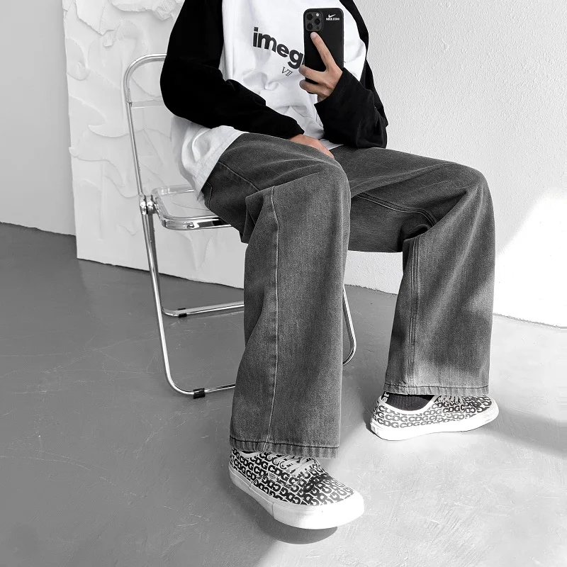 Belt Jeans Men's Fashion Baggy Gray Wide-leg Jeans Men Streetwear Harajuku Loose Hip-hop Straight-leg Denim Trousers Mens S-3XL