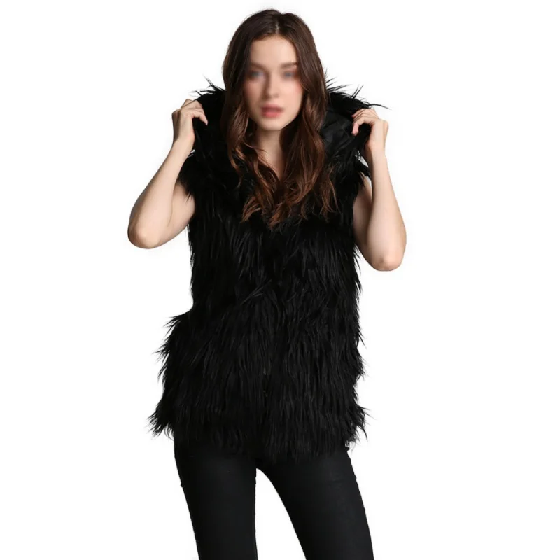 Женский жилет из искусственного меха осенне зимняя однотонная черная верхняя