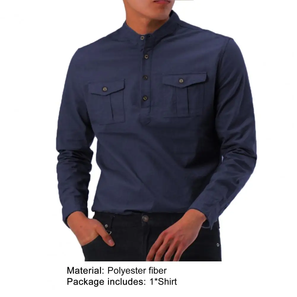 Мужская деловая рубашка с длинным рукавом и воротником стойкой|Мужские футболки|