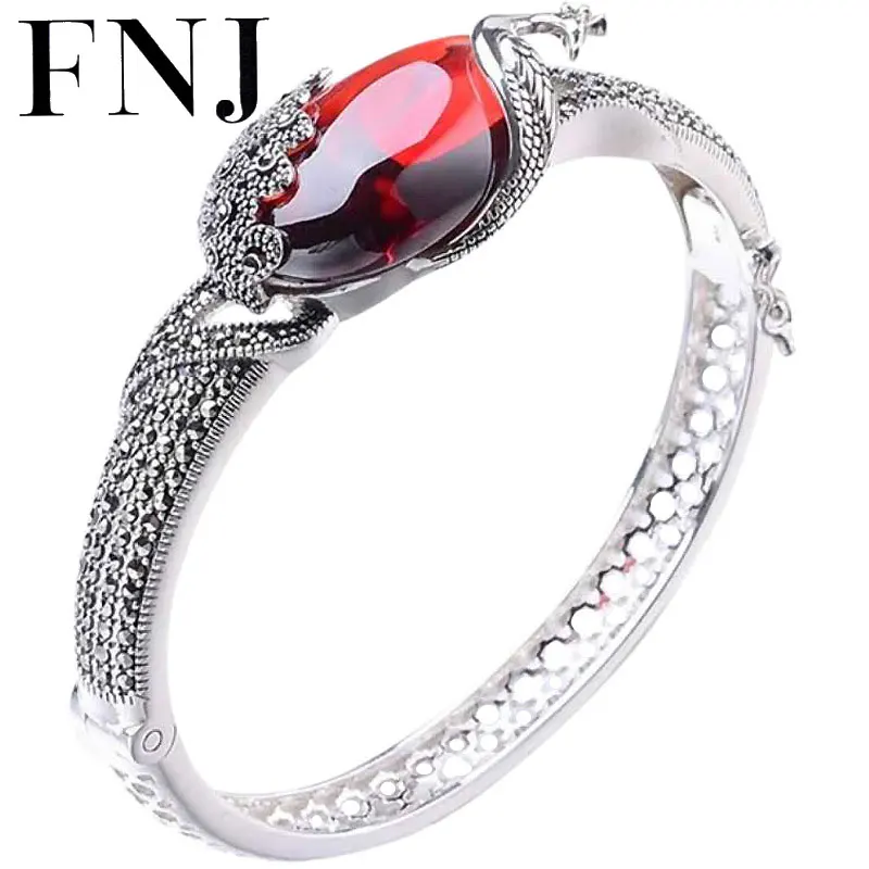 

FNJ 925 Silver Peacock Bangles for Women Jewelry 100% Original S925 Sterling silver Bangle Green Yellow Agate Garnet Red Zircon