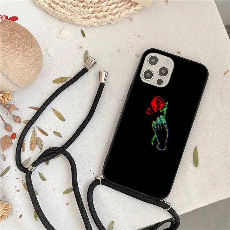 

beautiful black white Rose flower Phone Case For iPhone 7 8 11 12 X XS XR MINI Pro Max Plus Strap Cord Chain Lanyard soft