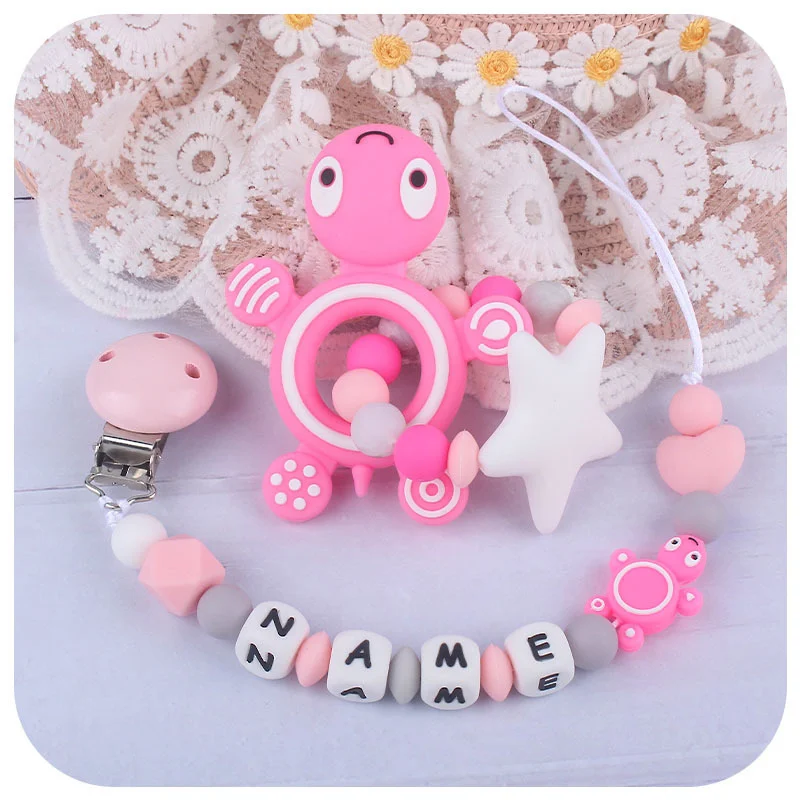 5 Styles Personalized Gift DIY Name Baby Pacifier Clip Cartoon Turtle Rabbit Food Gade Silicone Teether For Babies Soother Toys