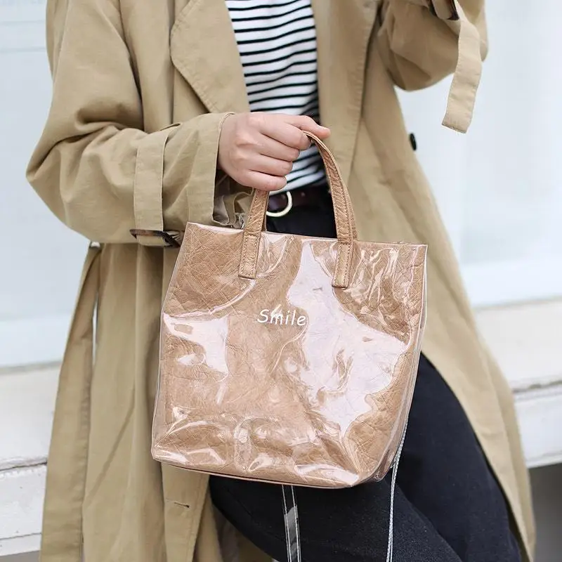 

Kraft Paper Transparent Waterproof Women Shoulder Bag Letter Print Women Handbag DuPont Paper Clear PVC Crossbody bags for women