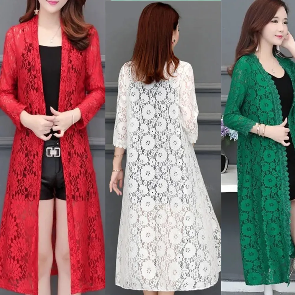 Женская летняя кружевная накидка с цветочным узором длинным рукавом элегантная
